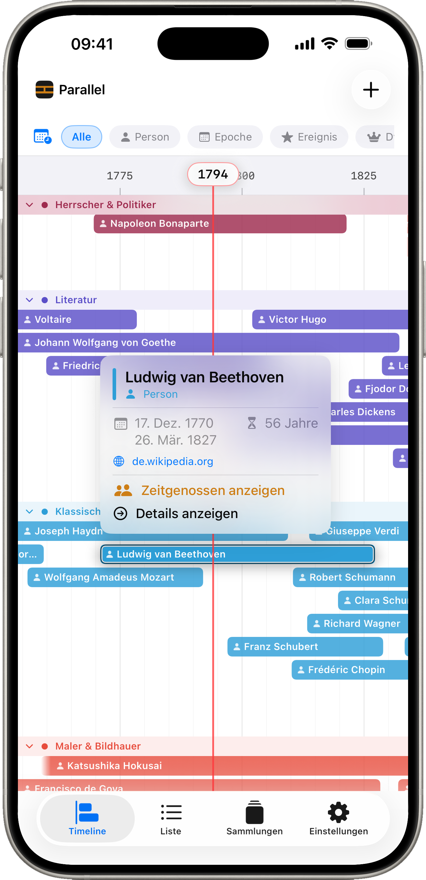 Schnellvorschau-Popup über der Zeitachse mit Ludwig van Beethovens Biografie, Wikipedia-Link und &bdquo;Zeitgenossen anzeigen&ldquo;-Button