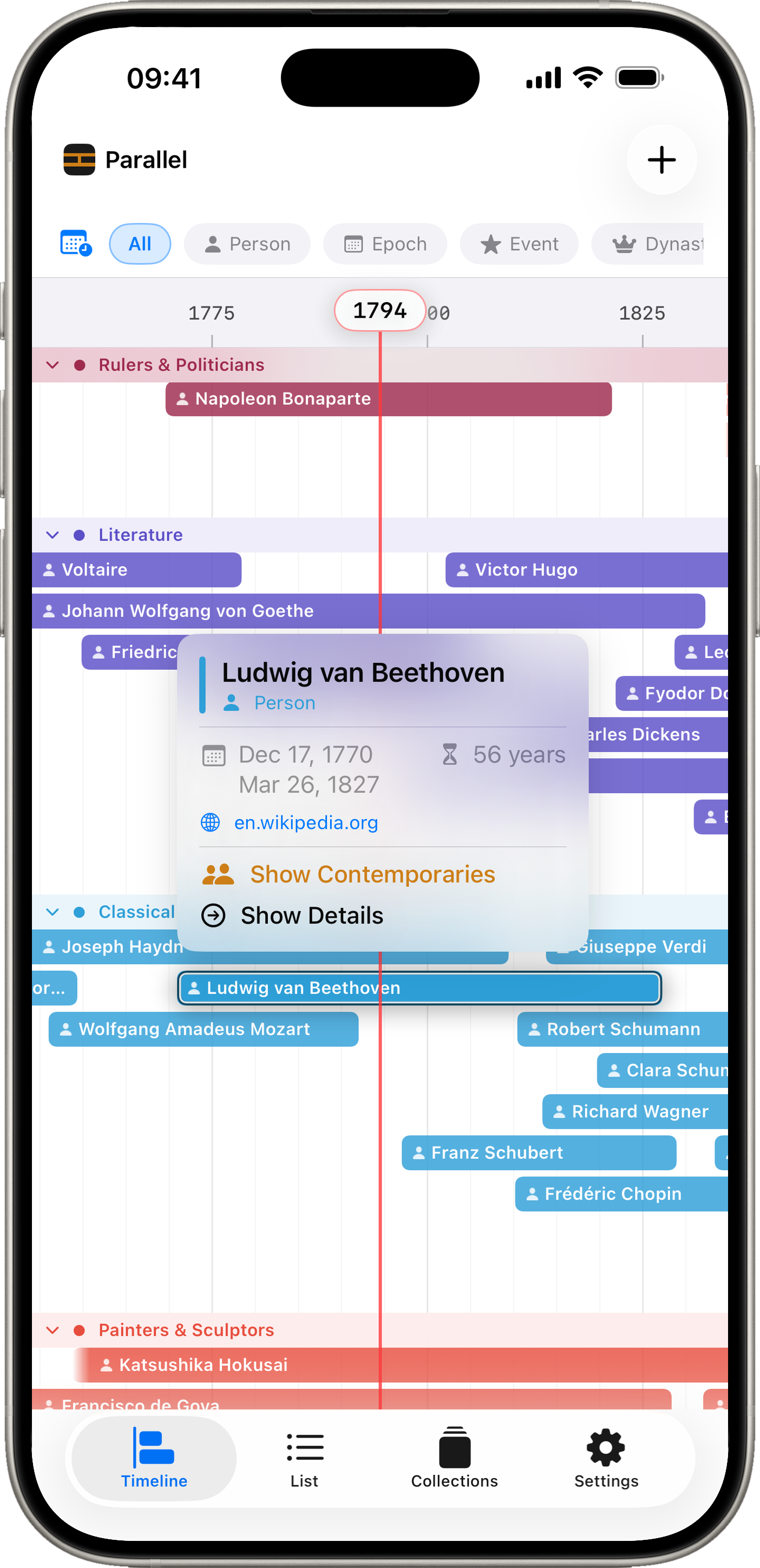 Parallel quick preview popup over the timeline, showing Ludwig van Beethoven's bio, Wikipedia link, and a &ldquo;Show Contemporaries&rdquo; button
