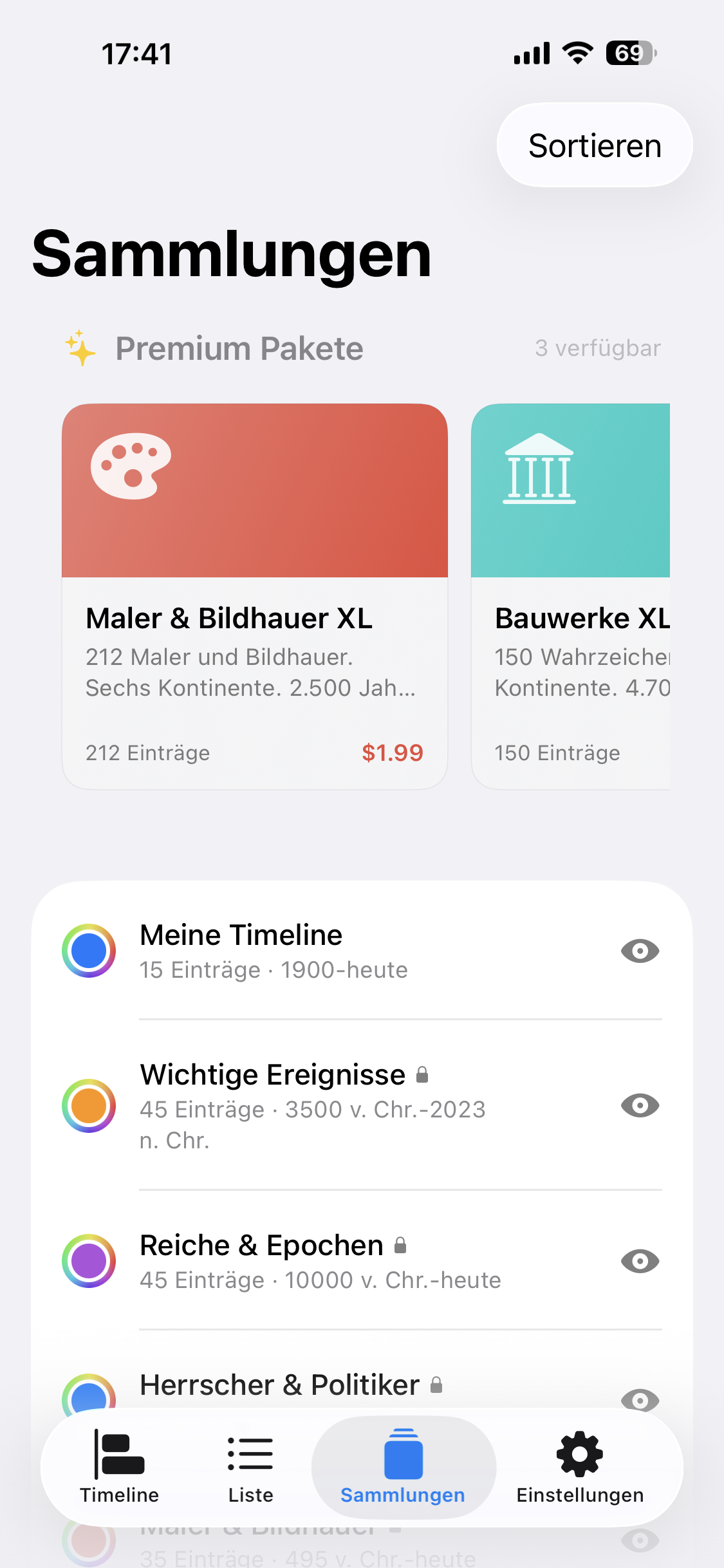 Parallel Sammlungen-Tab, mit eingebauten Sammlungen und Premium-Paketen an einem Ort