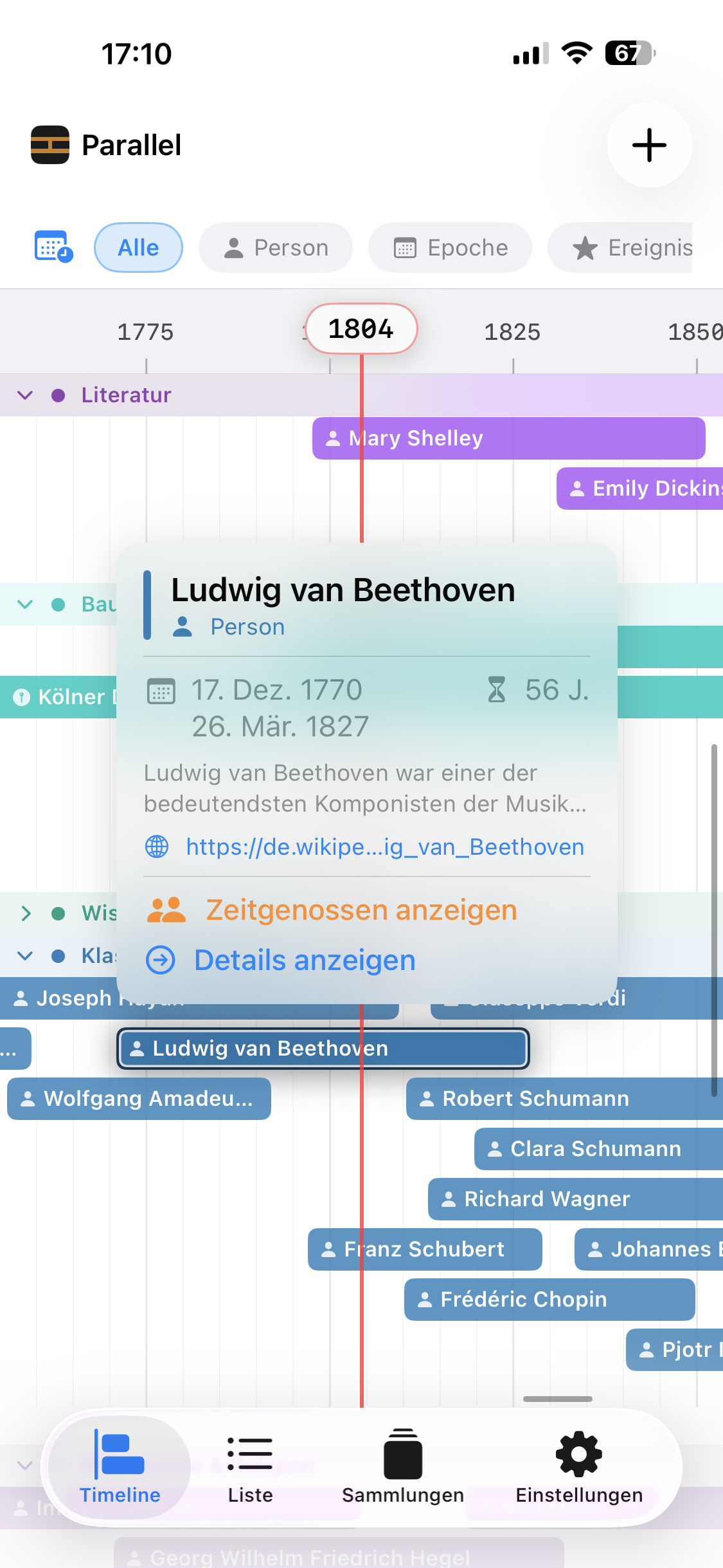 Schnellvorschau-Popup über der Zeitachse mit Ludwig van Beethovens Biografie, Wikipedia-Link und &bdquo;Zeitgenossen anzeigen&ldquo;-Button
