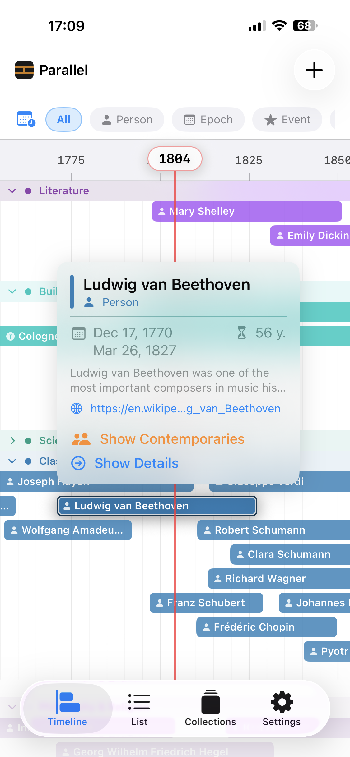 Parallel quick preview popup over the timeline, showing Ludwig van Beethoven's bio, Wikipedia link, and a &ldquo;Show Contemporaries&rdquo; button